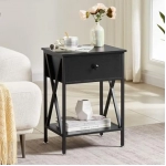 Modern X-Design Night Stand, Versatile End Storage Shelf Side Table, Black, Nightstand with Drawer, Retro Blk