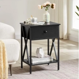 Modern X-Design Night Stand, Versatile End Storage Shelf Side Table, Black, Nightstand with Drawer, Retro Blk