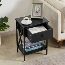 Modern X-Design Night Stand, Versatile End Storage Shelf Side Table, Black, Nightstand with Drawer, Retro Blk